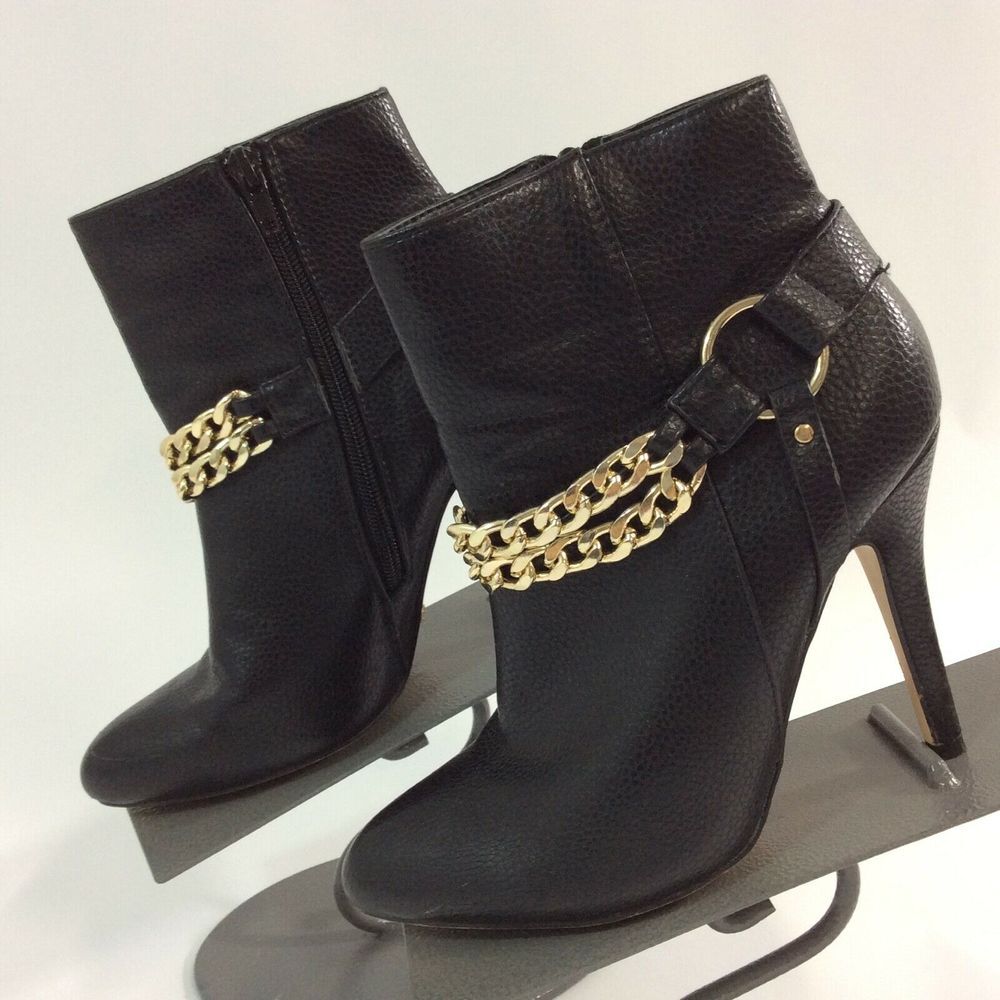 Izabella Rue Women's Size 6 Madisyn Black Ankle Boots Stilettos Gold Chain